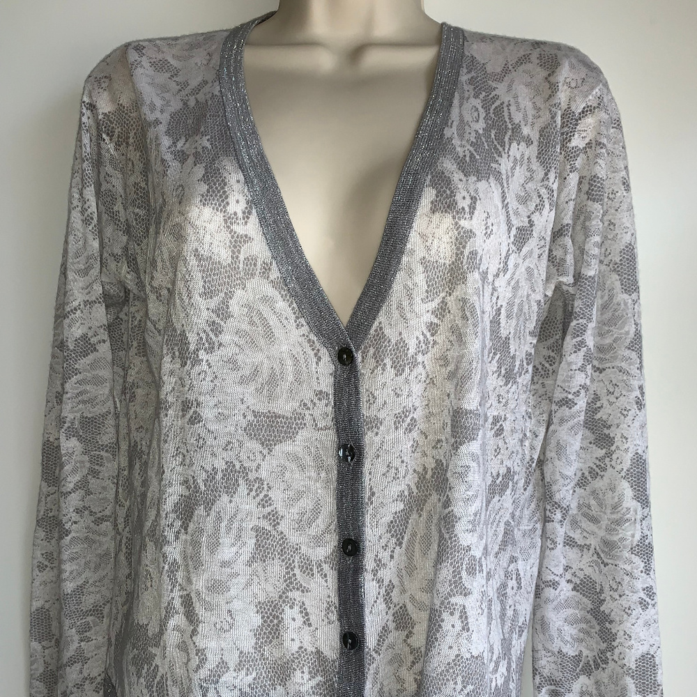 NEW ~Chico's Modern Lace Lightweight Cardigan Sweater Metallic Grey Size 8